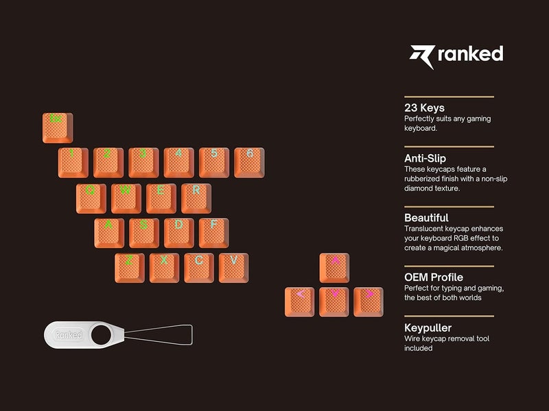 Ranked Rubber Keycap Set | Double Shot Translucent | OEM Profile for Mechanical Gaming Keyboard (Orange, 23 Keys) - Image 2